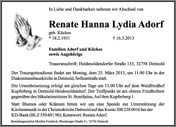 Anzeige  Renate Hanna Lydia Adorf  Lippische Landes-Zeitung