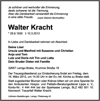 Anzeige  Walter Kracht  Lippische Landes-Zeitung