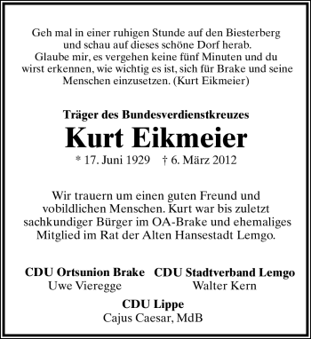 Anzeige  Kurt Eikmeier  Lippische Landes-Zeitung
