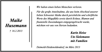 Anzeige  Maike Husemann  Lippische Landes-Zeitung