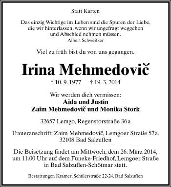Anzeige  Irina Mehmedovic  Lippische Landes-Zeitung