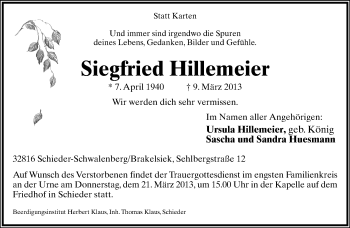 Anzeige  Siegfried Hillemeier  Lippische Landes-Zeitung