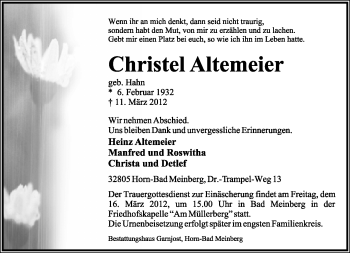 Anzeige  Christel Altemeier  Lippische Landes-Zeitung