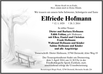 Anzeige  Elfriede Hofmann  Lippische Landes-Zeitung