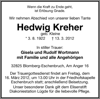 Anzeige  Hedwig Kreher  Lippische Landes-Zeitung