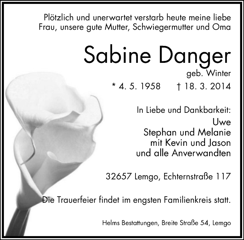  Traueranzeige für Sabine Danger vom 22.03.2014 aus Lippische Landes-Zeitung