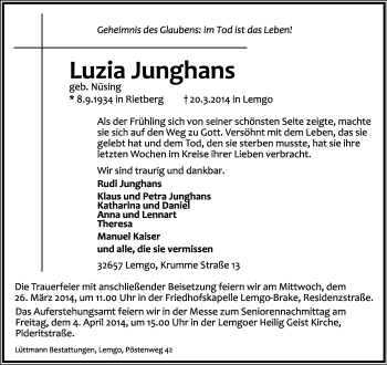 Anzeige  Luzia Junghans  Lippische Landes-Zeitung