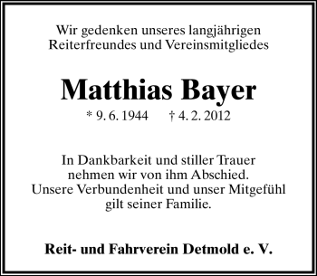 Anzeige  Matthias Bayer  Lippische Landes-Zeitung