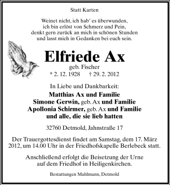 Anzeige  Elfriede Ax  Lippische Landes-Zeitung