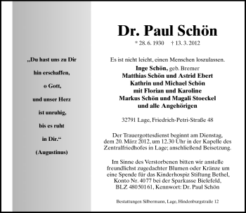 Anzeige  Paul Schön  Lippische Landes-Zeitung