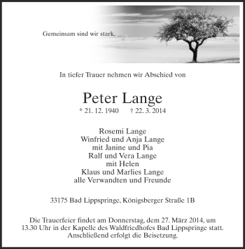 Anzeige  Peter Lange  Lippische Landes-Zeitung