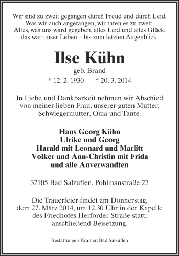 Anzeige  Ilse Kühn  Lippische Landes-Zeitung