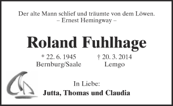 Anzeige  Roland Fuhlhage  Lippische Landes-Zeitung