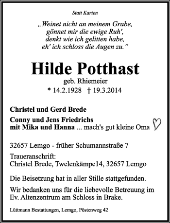 Anzeige  Hilde Potthast  Lippische Landes-Zeitung