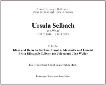 Anzeige  Ursula Selbach  Lippische Landes-Zeitung