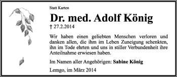 Anzeige  Adolf König  Lippische Landes-Zeitung