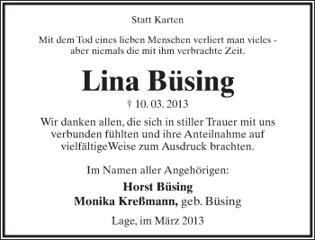 Anzeige  Lina Büsing  Lippische Landes-Zeitung