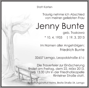 Anzeige  Jenny Bunte  Lippische Landes-Zeitung