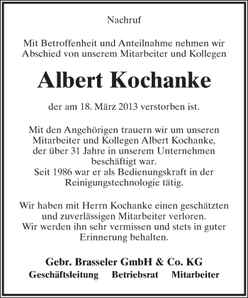 Anzeige  Albert Kochanke  Lippische Landes-Zeitung