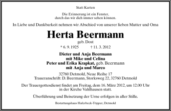 Anzeige  Herta Beermann  Lippische Landes-Zeitung