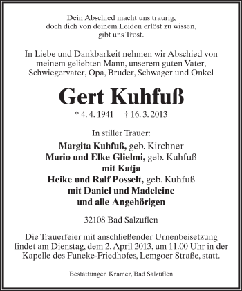 Anzeige  Gert Kuhfuß  Lippische Landes-Zeitung