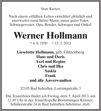 Anzeige  Werner Hollmann  Lippische Landes-Zeitung