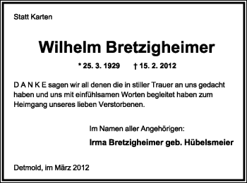 Anzeige  Wilhelm Bretzingheimer  Lippische Landes-Zeitung