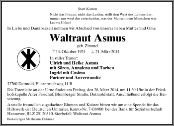 Anzeige  Waltraut Asmus  Lippische Landes-Zeitung