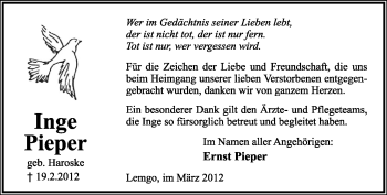 Anzeige  Inge Pieper  Lippische Landes-Zeitung