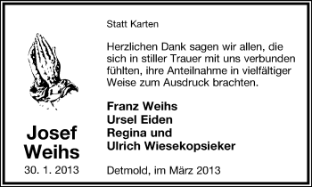 Anzeige  Josef Weihs  Lippische Landes-Zeitung