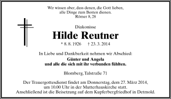 Anzeige  Hilde Reutner  Lippische Landes-Zeitung