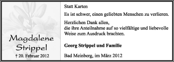 Anzeige  Magdalene Strippel  Lippische Landes-Zeitung