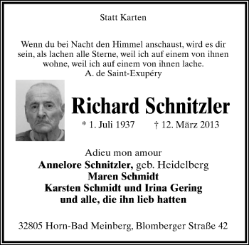 Anzeige  Richard Schnitzler  Lippische Landes-Zeitung