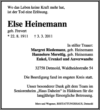 Anzeige  Else Heinemann  Lippische Landes-Zeitung