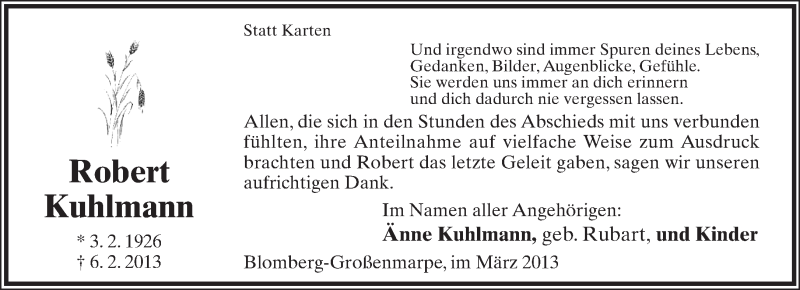  Traueranzeige für Robert Kuhlmann vom 23.03.2013 aus Lippische Landes-Zeitung