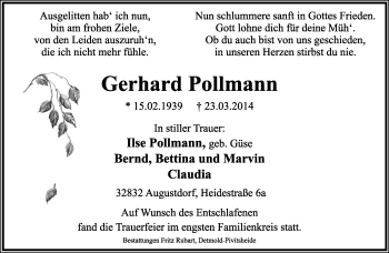 Anzeige  Gerhard Pollmann  Lippische Landes-Zeitung