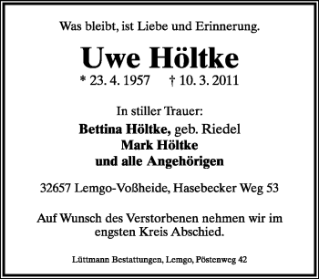 Anzeige  Uwe Höltke  Lippische Landes-Zeitung