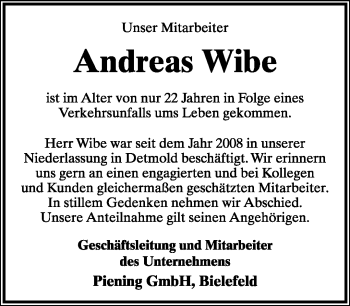 Anzeige  Andreas Wibe  Lippische Landes-Zeitung