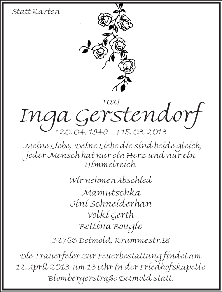  Traueranzeige für Inga Gerstendorf vom 23.03.2013 aus Lippische Landes-Zeitung