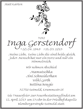 Anzeige  Inga Gerstendorf  Lippische Landes-Zeitung
