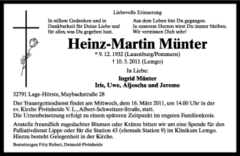 Anzeige  Heinz-Martin Münter  Lippische Landes-Zeitung