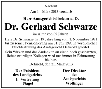 Anzeige  Gerhard Schwarze  Lippische Landes-Zeitung
