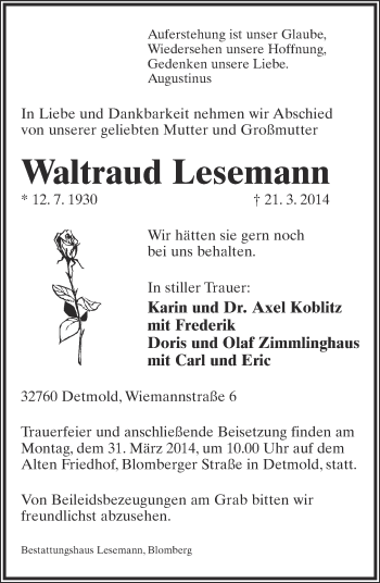 Anzeige  Waltraud Lesemann  Lippische Landes-Zeitung