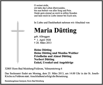 Anzeige  Maria Dütting  Lippische Landes-Zeitung
