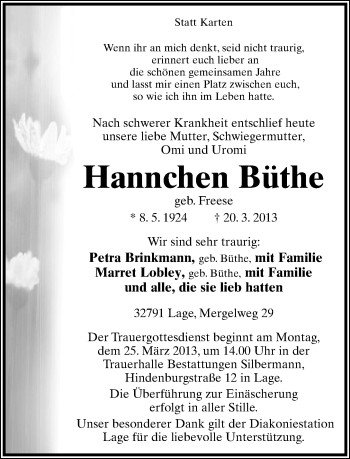 Anzeige  Hannchen Büthe  Lippische Landes-Zeitung