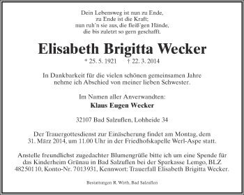 Anzeige  Elisabeth Brigitta Wecker  Lippische Landes-Zeitung