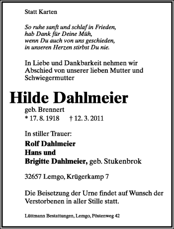 Anzeige  Hilde Dahlmeier  Lippische Landes-Zeitung