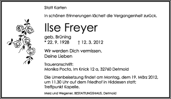 Anzeige  Ilse Freyer  Lippische Landes-Zeitung