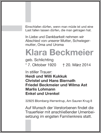 Anzeige  Klara Beckmeier  Lippische Landes-Zeitung