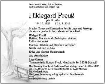 Anzeige  Hildegard Preuß  lippische landes-zeitung